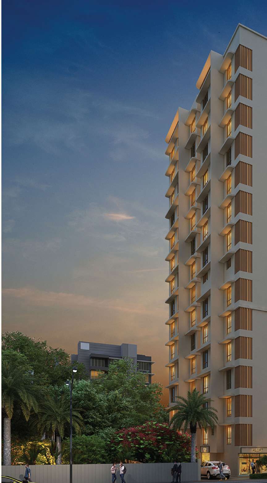 View of the building rising above tree cover, seen from the street.