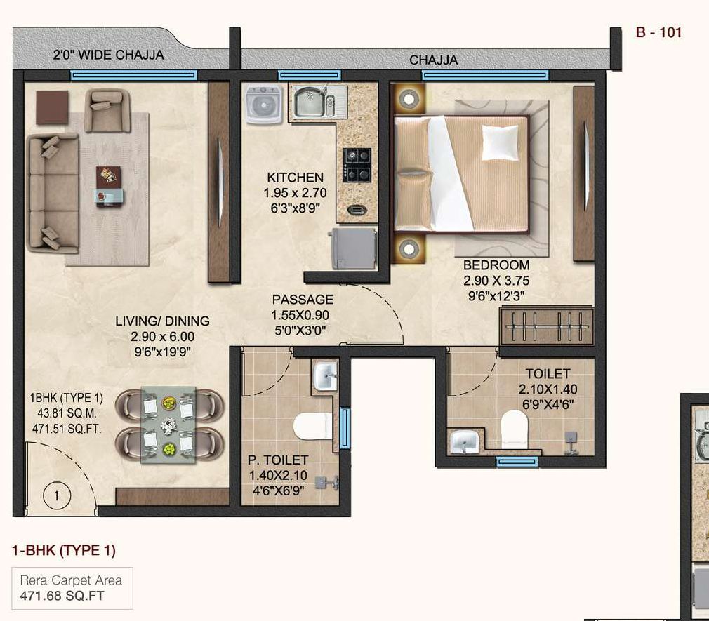 One bedroom apartment plan, type 1, showing living and dining, kitchen, bedroom, toilet and powder toilet.