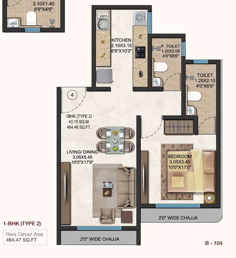 One bedroom apartment plan, type 2, showing living and dining, kitchen, bedroom, toilet and powder toilet.