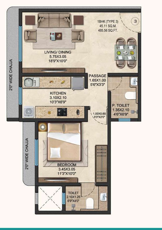 One bedroom apartment plan, type 3, showing living and dining, kitchen, bedroom, toilet and powder toilet.