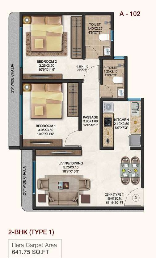 Two bedroom apartment plan, type 1, showing living and dining, kitchen, two bedrooms, toilet and powder toilet.