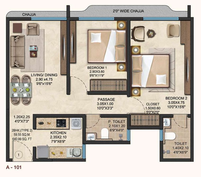 Two bedroom apartment plan, type 2, showing living and dining, kitchen, two bedrooms, closet, toilet and powder toilet.