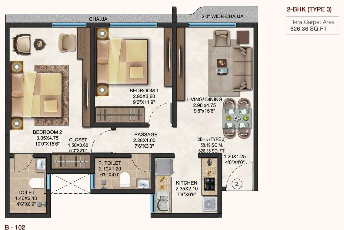 Two bedroom apartment plan, type 3, showing living and dining, kitchen, two bedrooms, closet, toilet and powder toilet.