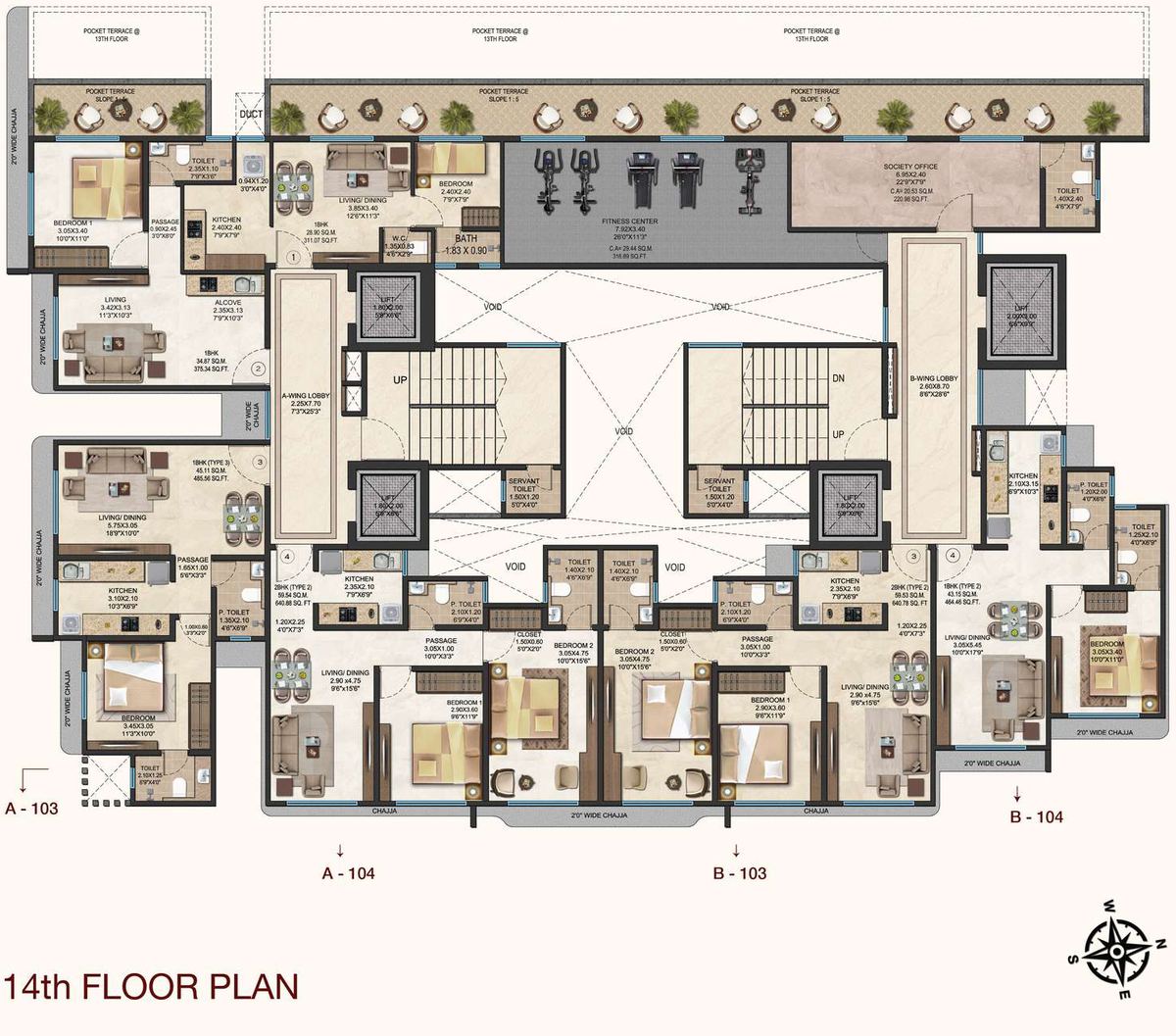 Fourteenth floor plate drawing of Sankirt Jasmine, showing the rooftop garden terrace.