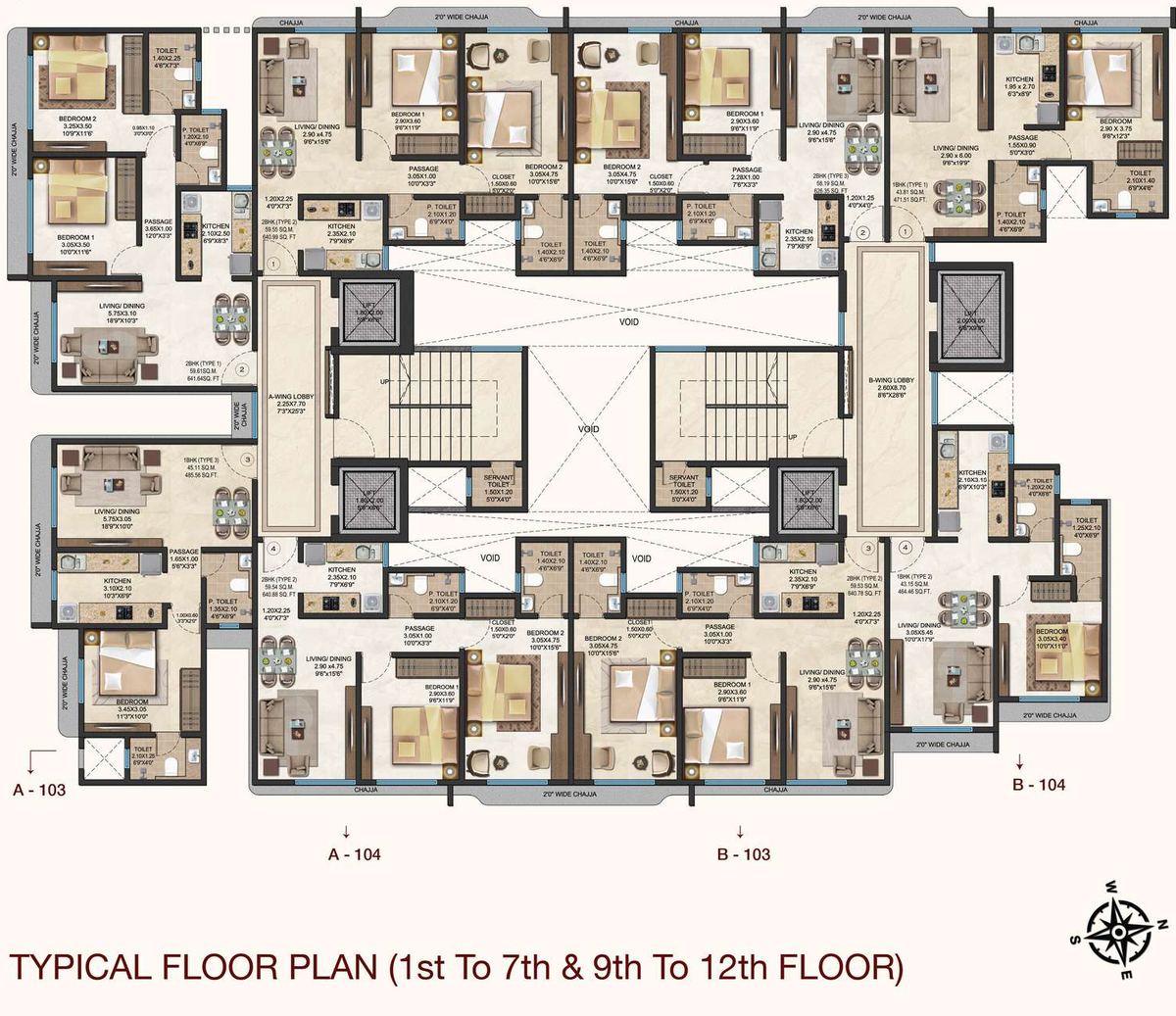 Typical floor plate drawing covering the 1st to 7th and 9th to 12th floors, with apartments A-101 to A-104 and B-101 to B-104.